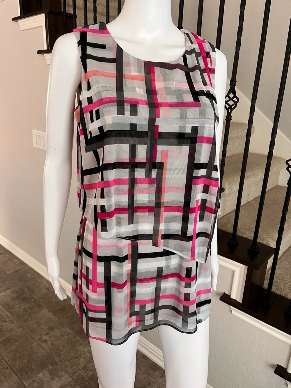 Alfani Sleeveless Layered Geometric Print Blouse - Pink, Black & Gray